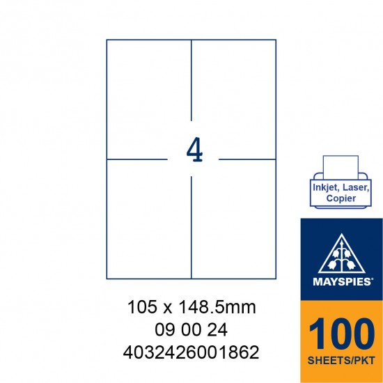 MAYSPIES 09 00 24 LABEL FOR INKJET / LASER / COPIER 100 SHEETS/PKT WHITE 105X148.5MM